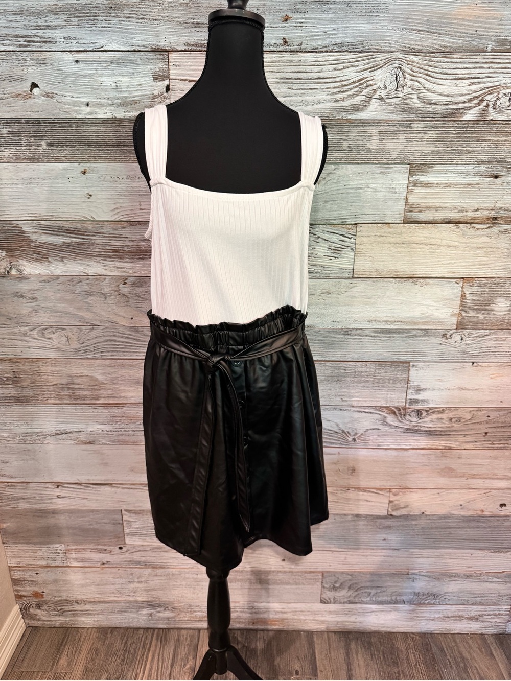 NWT Ultra Flirt White Ribbed Tank Mini with Black Faux Leather Paperbag Skirt